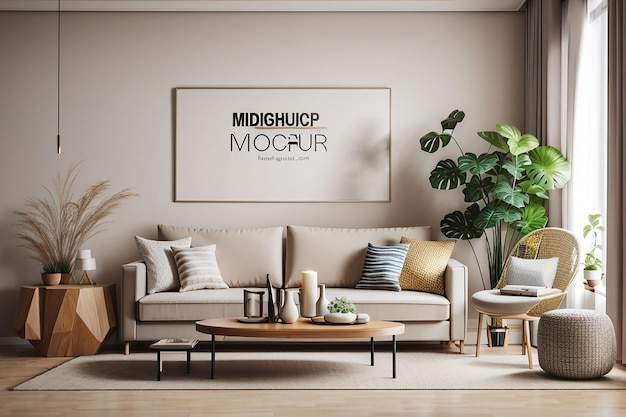 Living room with sofa mockup and decoration elements