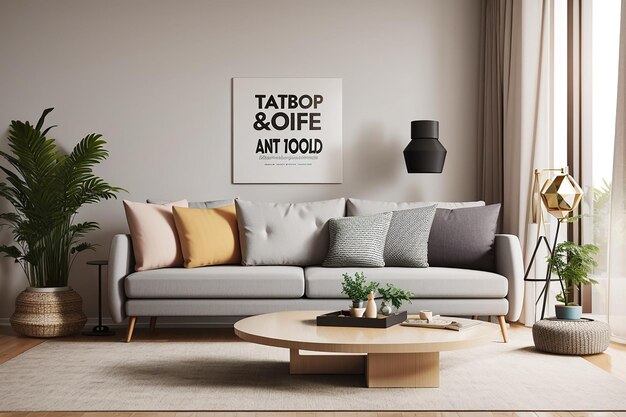 Living room with sofa mockup and decoration elements