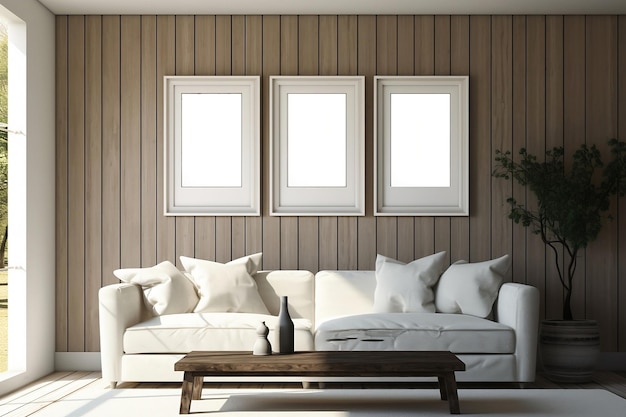 Living room with a sofa and a mockup of white frames on the wall