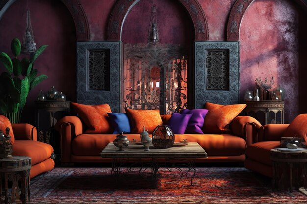 A living room with a sofa and orange pillows