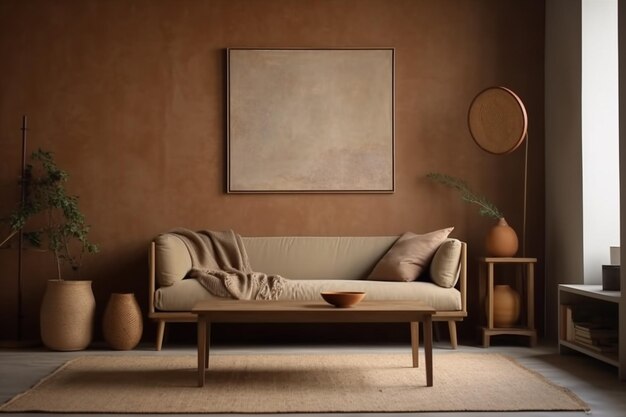 Photo a living room with a sofa and a painting on the wall.