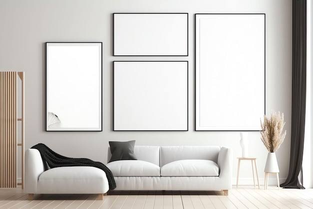 A living room with a sofa and a picture frame on the wall.