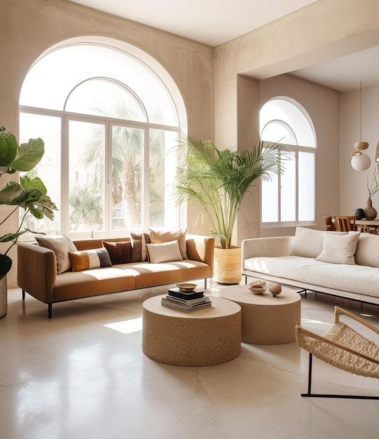 living room with a sofa and a plant in the middle