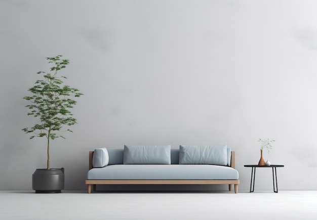 A living room with a sofa and a plant on the wall