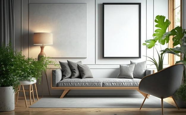 A living room with a sofa and a plant on the wall.