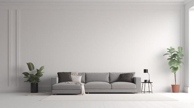 A living room with a sofa and a plant on the wall