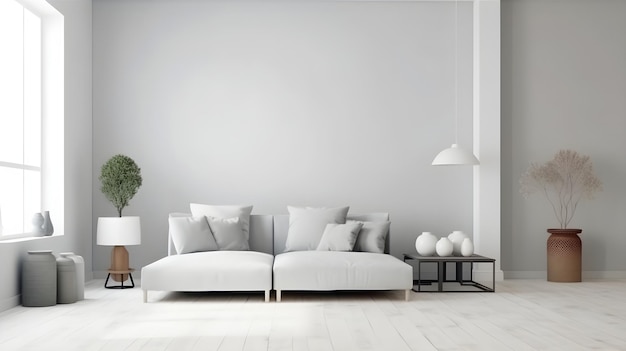 A living room with a sofa and a plant on the wall.