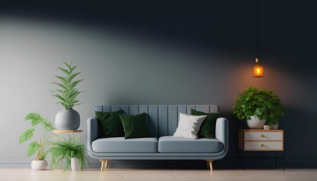 A living room with a sofa and plants on the wall.