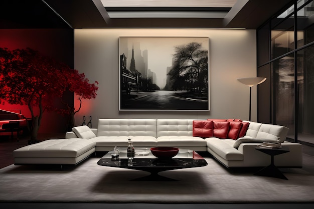 a living room with sofa side table ceiling fierplace quiet stlye design by carlo scarp ai generated