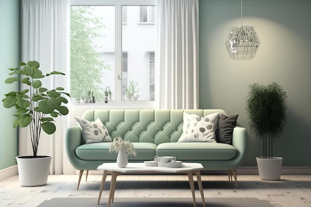 Living room with sofa in soft colors Scandinavian style in decorating