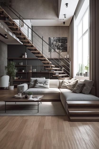 A living room with a sofa and a staircase with a plant on the top left corner.