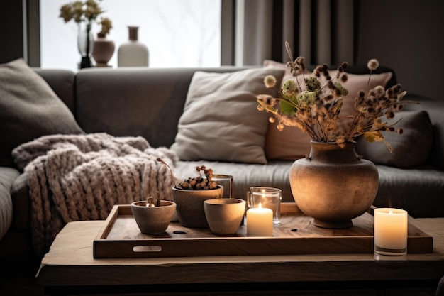 A living room with a sofa, a table, candles, and a vase with flowers on it.