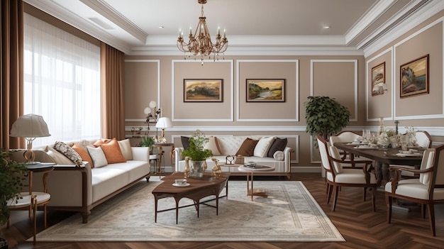 A living room with a sofa, a table, and a chandelier.