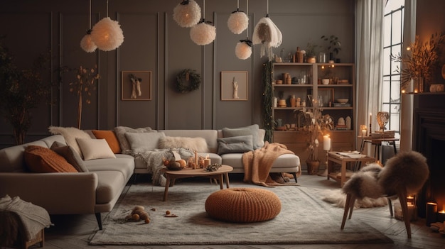 A living room with a sofa, a table, and a lamp.