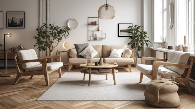 A living room with a sofa, a table, and a lamp.