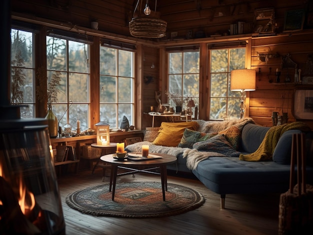 A living room with a sofa and a table with candles on it.