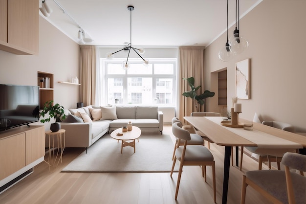 A living room with a sofa and a table with a lamp on it.