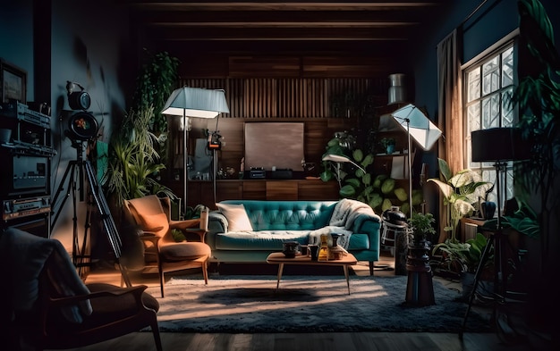 A living room with a sofa and a table with plants on it.