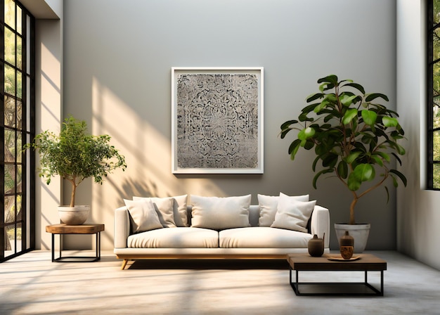 A living room with a sofa tv plants and large abstract wall art