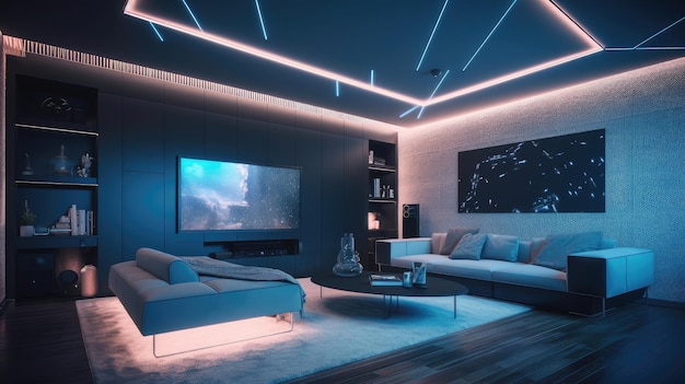 A living room with a sofa and a tv on the wall that says'the word home '