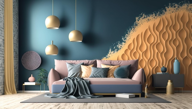 A living room with a sofa and a wall with a gold leaf on it