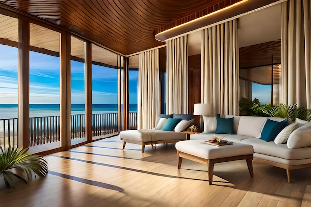 A living room with a sofa and a window overlooking the ocean.