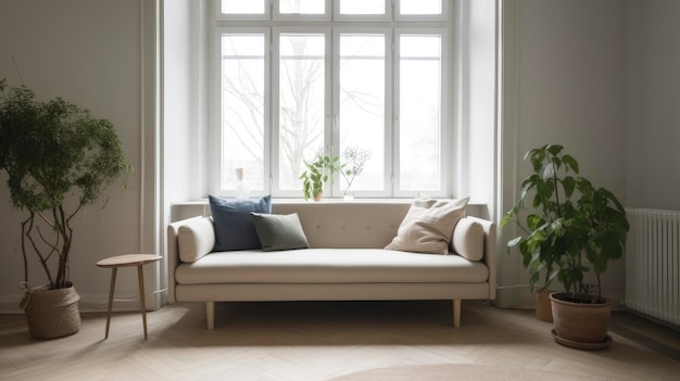 A living room with a sofa and a window with a plant on it.