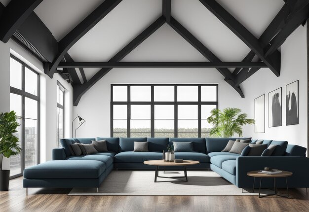 Living room with sofas in loft style flat 3d rendering