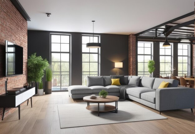 Photo living room with sofas in loft style flat 3d rendering