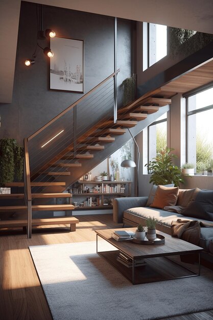 A living room with a staircase and a lamp on the wall