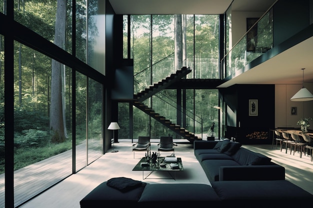 A living room with a staircase and a large window with a tree in the background.