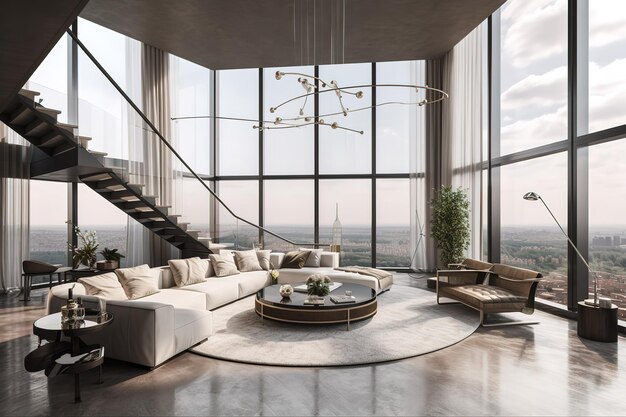 A living room with a staircase and a large window