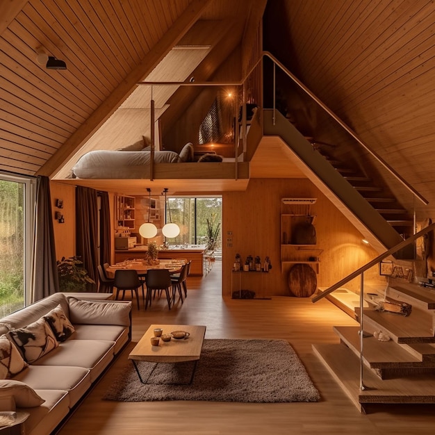 A living room with a staircase and a large window