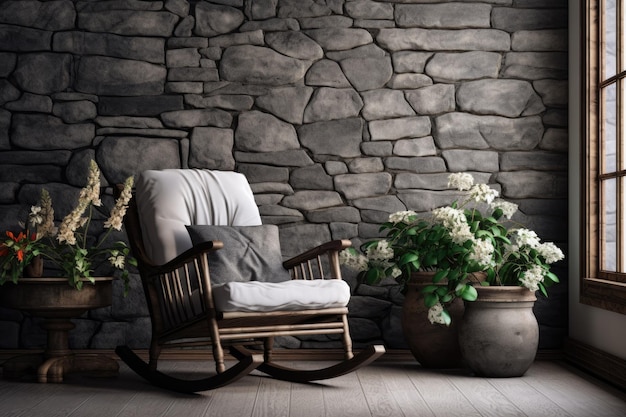 Photo a living room with a stone wall and a chair with a pillow on it