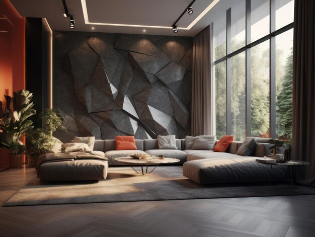 A living room with a stone wall and a sofa set with a coffee table