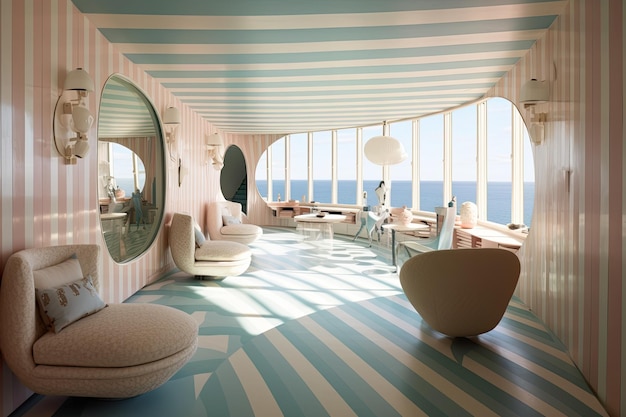 A living room with striped walls and a large window that says the sea