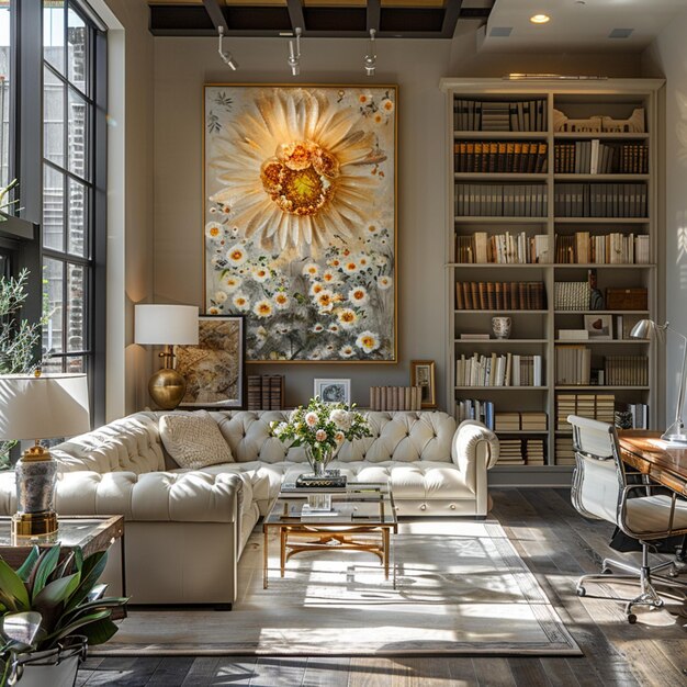 a living room with a sunflower painting on the wall