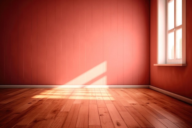 引き戸の木の床の赤い壁から日光が差し込むリビングルーム 生成AIイラスト