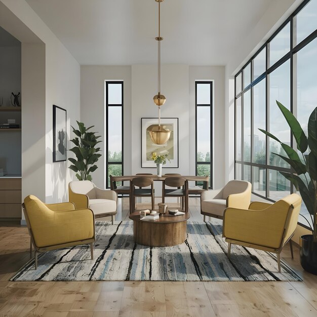 a living room with a table chairs and a painting on the wall