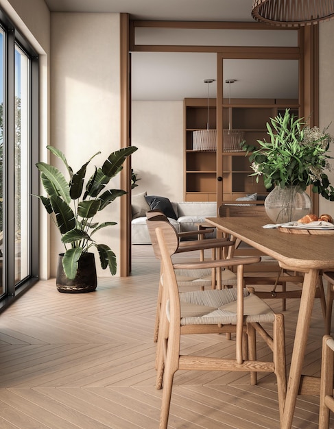 A living room with a table and chairs and a plant in the corner