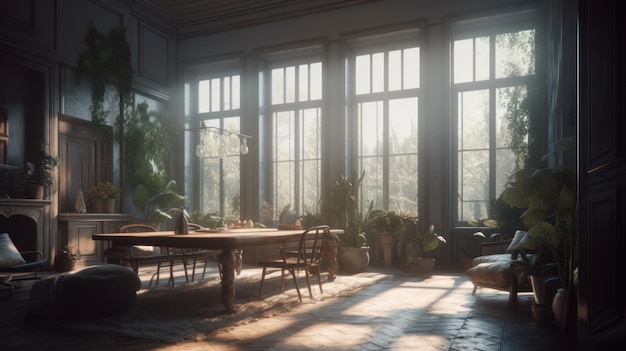 A living room with a table and chairs and plants on the floor.