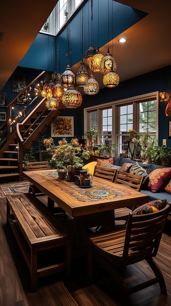 a living room with a table and chairs and a staircase