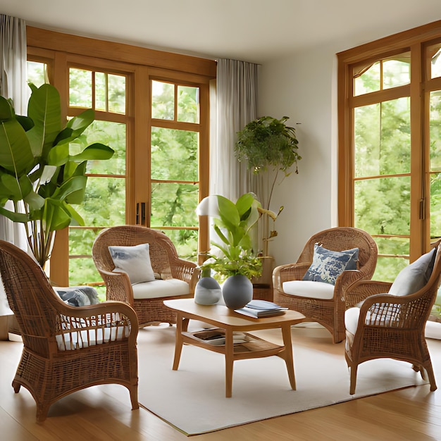 a living room with a table chairs a table and a plant in the corner