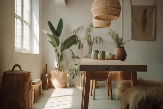 Photo a living room with a table and a plant on the wall