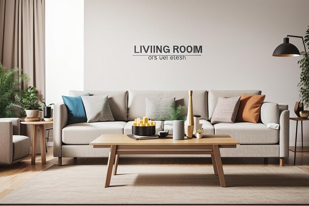 Living room with table and sofa mockup