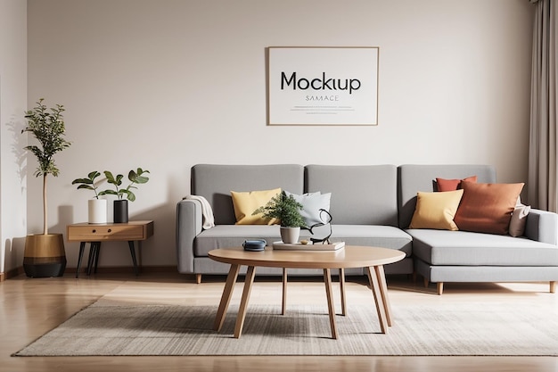 Living room with table and sofa mockup