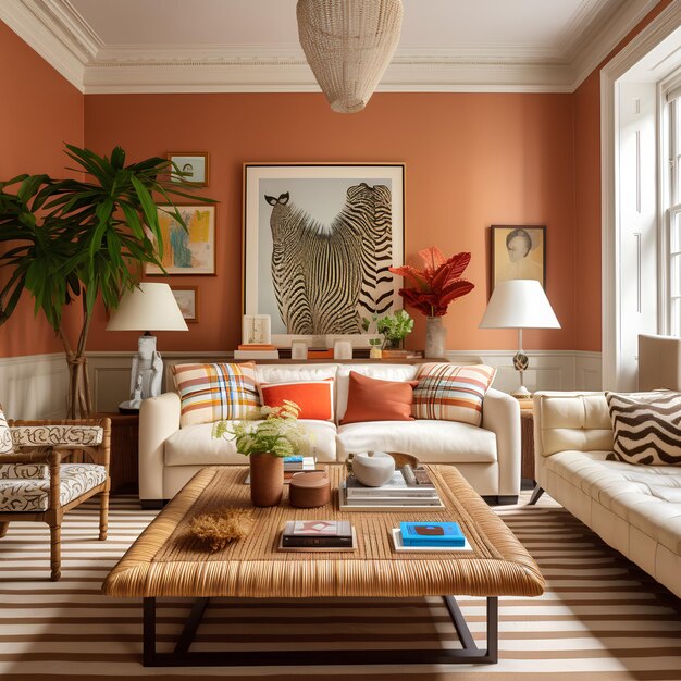 Photo living room with tan walls and white furniture