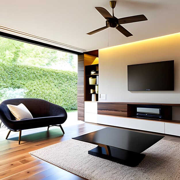 Premium Photo | A living room with a television and a wall mounted tv.