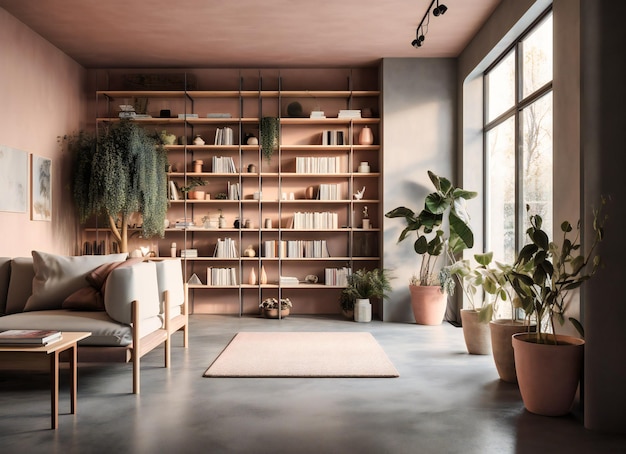 A living room with three bookshelves and a shelf near a large potted plant