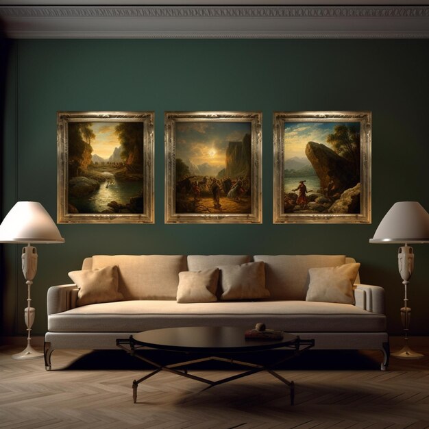Гостиная с тремя картинами на стене и диваном с женщиной справа.